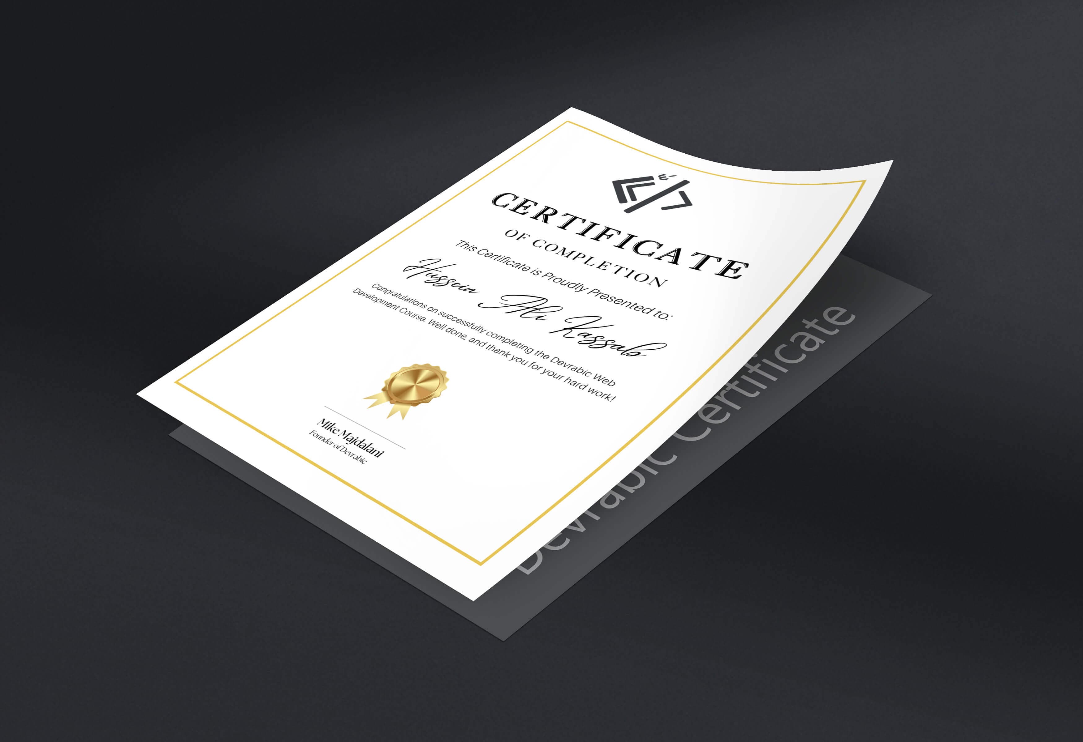 Full Stack Web Development Course Certificate Sample